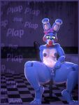  2026 3_toes 3d_(artwork) animatronic anthro areola balls belly big_butt blue_areola blue_body blue_nipples blurred_background bow_tie butt chair chastity_cage chastity_device checkered checkered_floor colored_nails cuckold dark_areola dark_nipples digital_media_(artwork) digitigrade english_text eyelashes feet femboy five_nights_at_freddy's five_nights_at_freddy's_2 furniture genitals glistening glistening_body glowing glowing_eyes green_eyes head_bow hi_res inside lagomorph leporid lips long_nails machine male mammal micro_balls micropenis moobs nails navel nipple_dip nipples on_chair penis purple_eyelids rabbit rckke red_bow_tie red_lips red_nails robot robot_anthro scottgames sitting sitting_on_chair small_balls small_penis solo table text thick_lips thick_thighs toes toy_bonnie_(fnaf) wide_hips 