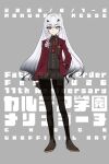  1girl black_shirt breasts brown_pantyhose brown_shoes brown_shorts choco_(chocolate_shop) commentary_request fate/grand_order fate_(series) forked_eyebrows full_body highres jacket long_hair long_sleeves looking_at_viewer melusine_(academy_outfit)_(fate) melusine_(fate) necktie official_artist_extra pantyhose red_jacket shirt shoes shorts sidelocks small_breasts smile solo white_hair yellow_eyes 