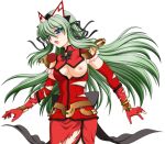  1girl 2000s_(style) :o blue_eyes blush bracelet breasts dress elbow_gloves elixir_rose game_asset gloves green_hair hair_ribbon headdress jewelry kagashima_itsuki long_hair magical_girl mahou_senshi_(series) mahou_senshi_elixir_knights medium_breasts nipples non-web_source official_art open_mouth ribbon saitou_natsuki self-datamine simple_background solo tachi-e torn_clothes transparent_background variant_set 