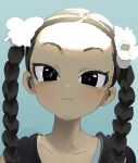  1girl absurdres black_eyes black_hair blue_background braid commentary english_commentary forehead highres negiboushi original portrait raised_eyebrows smile solo straight-on twin_braids wavy_mouth 