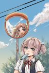  2girls black_vest blue_eyes blue_sky cloud collared_shirt day dress_shirt food gloves kagerou_(kancolle) kantai_collection kaomoji_(sagor00237) looking_at_viewer mirror multiple_girls outdoors pink_hair ponytail popsicle power_lines shiranui_(kancolle) shirt short_hair sky solo_focus tongue tongue_out traffic_mirror upper_body vest white_gloves white_shirt 