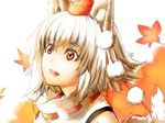  animal_ears autumn_leaves bare_shoulders blush hat inubashiri_momiji leaf leaf_background looking_up open_mouth pom_pom_(clothes) red_eyes short_hair silver_hair solo tail tokin_hat touhou wolf_ears wolf_tail zzzzzzzzzzzzzzp 