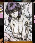  1girl breasts cable closed_mouth commentary cyberpunk cyborg english_commentary ghost_in_the_shell highres joints kusanagi_motoko marker_(medium) mechanical_arms mechanical_legs medium_hair photo_(medium) purple_eyes purple_hair robot_joints signature solo stanley_lau traditional_media 