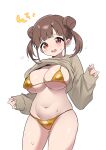  1girl absurdres ass_visible_through_thighs bikini bikini_under_clothes blush breasts brown_hair brown_shirt clothes_lift commentary curvy double_bun gold_bikini hair_bun highres idolmaster idolmaster_shiny_colors large_breasts long_sleeves looking_at_viewer navel shirt shirt_lift simple_background solo sonoda_chiyoko stomach string_bikini sweat swimsuit thighs twintails white_background zaza_(zahaoming) 
