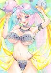  1girl absurdres alternate_breast_size_(larger) armlet ass_visible_through_thighs bare_shoulders belly_dancing bikini blue_hair blush bow-shaped_hair breasts character_hair_ornament collar collarbone commentary_request dancer double_bun fake_hair_bun glint green_background grey_bikini grey_collar groin hair_bun hair_ornament highres iono_(pokemon) jewelry large_breasts long_hair looking_at_viewer marker_(medium) multicolored_hair navel necklace open_mouth pink_hair pokemon pokemon_scarlet_and_violet purple_eyes sarong sharp_teeth smile solo split-color_hair stomach swimsuit teeth thighs traditional_media two-tone_hair upper_teeth_only yanaginosita yellow_sarong 