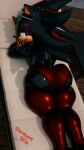2026 annoyed anthro big_butt black_body blender_(artwork) blender_cycles_(artwork) butt clothing digital_media_(artwork) domizoni eulipotyphlan eyewear eyewear_on_head hedgehog hi_res legwear looking_at_viewer looking_back looking_back_at_viewer lying male mammal on_front red_clothing red_legwear red_stockings sega shadow_the_hedgehog solo sonic_the_hedgehog_(series) speedo stockings sunbathing sunglasses sunglasses_on_head swimwear thick_thighs thigh_highs wearing_sunglasses wet