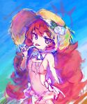  1girl absurdres blue_archive blue_background blue_halo bow bracelet breasts chinstrap clothing_cutout commentary_request covered_navel cowboy_shot crossed_bangs faux_traditional_media fluffy_hair food furrowed_brow halo hat highres holding holding_food holding_popsicle iroha_(blue_archive) iroha_(swimsuit)_(blue_archive) jewelry licking long_hair looking_at_viewer official_alternate_costume one-piece_swimsuit painterly popsicle purple_eyes red_hair sexually_suggestive short_eyebrows side_cutout signature small_breasts solo sun_hat swimsuit tongue tongue_out tsurime twitter_username very_long_hair white_bow yubanayuna 