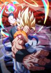  1boy black_vest black_wrist_cuffs blue_eyes blue_sash closed_mouth commentary_request dragon_ball dragon_ball_z energy_ball gogeta halo looking_at_viewer male_focus metamoran_vest muscular muscular_male pants rom_(20) sash serious solo spiked_hair stardust_breaker super_saiyan super_saiyan_1 traditional_halo vest white_pants wrist_cuffs 