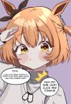  00017s 1girl ^^^ absurdres aged_down animal_ears blush bow brown_ribbon closed_mouth dog_tags ear_bow ear_ribbon english_commentary english_text flat_chest hand_up highres horse_ears horse_girl long_sleeves looking_at_viewer mayano_top_gun_(umamusume) medium_hair orange_eyes orange_hair pout purple_background ribbon salute shirt simple_background smile solo speech_bubble standing thought_bubble twitter_username two_side_up umamusume upper_body 