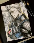  1boy art_tools_in_frame cable_(marvel) commentary english_commentary gun highres holding holding_gun holding_weapon male_focus marker_(medium) marvel outline parted_lips photo_(medium) short_hair signature solo stanley_lau traditional_media weapon white_hair yellow_eyes yellow_outline 