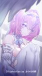  1girl artist_name bare_shoulders breasts chinese_commentary cleavage commentary_request detached_sleeves highres large_breasts looking_at_viewer medium_hair pink_hair purple_eyes rain remielle_dan smile solo srpzk thighhighs white_thighhighs white_wings wings zenless_zone_zero 