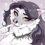 1:1 2026 5_fingers anthro artist_name black_eyebrows breasts bust_portrait cheek_tuft chest_tuft claws dated digital_drawing_(artwork) digital_media_(artwork) eyebrows eyelashes facial_tuft fangs female female_anthro finger_claws fingers fur grey_body grey_fur grey_hair hair hi_res inner_ear_fluff jewelry kyotoleopard long_hair looking_at_viewer mammal markings multicolored_body multicolored_fur neck_tuft necklace nude nude_female portrait simple_background smile solo sparkles teeth text tuft white_body white_fur yellow_eyes
