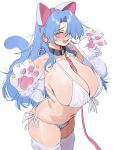  1girl absurdres animal_ears animal_hands aochoku bare_shoulders bikini blue_hair blush breasts cat_ears cat_tail cleavage closed_eyes collar commentary earrings elbow_gloves fang glasses gloves highres jewelry large_breasts leash leona_(aochoku) long_hair navel open_mouth original paw_gloves smile solo swimsuit tail thighhighs thighs untranslatable_commentary white_background white_bikini white_gloves white_thighhighs 