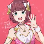  1girl 88_elza_88 :d amami_haruka bare_shoulders blush bow breasts brown_hair choker commentary_request green_eyes hair_bow hair_ribbon hand_up idolmaster idolmaster_(classic) idolmaster_2 jacket looking_at_viewer luxury_(idolmaster) medium_breasts official_alternate_costume open_mouth pink_diamond_765_(idolmaster) pink_jacket red_background ribbon short_hair simple_background smile solo teeth upper_teeth_only white_choker white_ribbon 