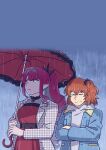  2girls absurdres baobhan_sith_(a_break_in_the_rainy_season)_(fate) baobhan_sith_(fate) blue_jacket breasts closed_eyes colored_inner_hair commentary cosplay crossed_arms dress drill_hair drill_sidelocks english_commentary fate/grand_order fate_(series) fujimaru_ritsuka_(female) fujimaru_ritsuka_(male) fujimaru_ritsuka_(male)_(a_break_in_the_rainy_season) fujimaru_ritsuka_(male)_(cosplay) grey_eyes grey_hair grey_hoodie hair_intakes hair_ornament hair_scrunchie highres holding holding_umbrella hood hoodie jacket large_breasts multicolored_hair multiple_girls one_side_up orange_hair pale_skin pdf_available ponytail purple_hair rain red_dress scrunchie sidelocks two-tone_hair umbrella vincent-san wet wet_hair 