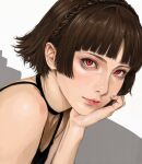  1girl aegyo_sal bags_under_eyes black_camisole blunt_bangs braid brown_hair camisole collarbone commentary_request crown_braid from_side grey_background halterneck head_on_hand highres jun89190 light_smile lips looking_at_viewer niijima_makoto painterly persona persona_5 realistic short_hair simple_background solo upper_body white_background 