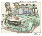  2girls absurdres aqua_car autobianchi autobianchi_a112_abarth baseball_cap bianchi_(company) bicycle bicycle_helmet bike_jersey bike_shorts black_hair black_hat black_shorts blue_shirt border braid brown_eyes brown_hair car character_request closed_mouth clothes_writing commentary cycling_uniform grin hand_up hat helmet highres looking_at_another low_twin_braids medium_hair motor_vehicle multiple_girls on_bicycle outside_border sekihan shirt short_hair short_sleeves shorts signature smile sponsor twin_braids vehicle_name white_border zesshaka!_shiritsu_yotsuwa_joshi_gakuin_zetsumetsu_kigu-sha_gakka 