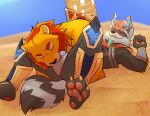 3_toes anthro anthro_on_anthro black_nose brown_body brown_fur bulge bulge_sniffing clothed clothed_anthro clothed_male clothing detailed_bulge duo egyptian egyptian_clothing eyes_closed feet felid fur guardians_of_the_galaxy hi_res hindpaw interspecies lion lying male male/male mammal mane markings marvel marvel_rivals on_back pantherine paws procyonid raccoon red_mane ring_(marking) ringed_tail rocket_raccoon sniffing striped_markings striped_tail stripes tail tail_markings toes ventkazemaru yellow_body yellow_fur
