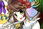  :d animal_ears antlers bad_id bad_pixiv_id blush brown_hair coat deer_ears flower fur_trim green_eyes hair_flower hair_ornament hair_up hairband holding holding_umbrella horn_ornament horn_ribbon horn_ring horns japanese_clothes kano_(p&amp;d) kimono long_hair looking_at_viewer magatama open_mouth oriental_umbrella puzzle_&amp;_dragons ribbon smile solo umbrella upper_body yamanashi_taiki 
