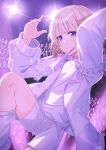  1girl absurdres arms_up blonde_hair choker commentary glowstick highres hololive hololive_dev_is idol jacket knee_up leg_warmers long_sleeves looking_at_viewer multicolored_hair open_clothes open_jacket penlight_(glowstick) purple_choker purple_eyes purple_hair shirt short_hair shorts solo stage_lights streaked_hair todoroki_hajime todoroki_hajime_(1st_costume) toketa_(toketa15) untranslatable_commentary virtual_youtuber white_jacket white_leg_warmers white_shirt white_shorts 