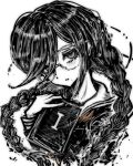  1girl black_background black_hair black_shirt braid collared_shirt commentary_request danganronpa:_trigger_happy_havoc danganronpa_(series) eyelashes fukawa_toko glasses hair_between_eyes highres mole mole_under_mouth neckerchief red_neckerchief round_eyewear sailor_collar shirt simple_background solo tsukihi_shida twin_braids twintails white_sailor_collar 