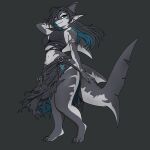 4_toes 5_fingers absurd_res animal_humanoid anthro aquatic aquatic_humanoid belt biped black_clothing blue_eyes blue_hair bottomwear bracelet chain claws clothing crop_top digitigrade dorsal_fin ear_fins ear_piercing ear_ring feet female fin fin_(rubixfpv) fingers fish fish_humanoid grey_body hair hand_behind_head hi_res humanoid jewelry loincloth long_hair looking_at_viewer midriff navel pectoral_fin pendant piercing ring_piercing rubixfpv shark shark_fin shark_humanoid shark_tail shirt skirt smile solo standing tail tail_fin toes topwear white_body