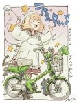  1girl absurdres avril_austin bicycle_basket black_cat blonde_hair brown_sandals cabbage cat closed_eyes commentary_request dress eighth_note hands_up headscarf heart highres holding holding_ladle honda honda_road_pal ladle medium_hair moped motion_lines motor_vehicle musical_note open_mouth pleated_skirt red_sailor_collar red_skirt sailor_collar sandals sekihan shirt signature skirt smile socks solo spring_onion standing standing_on_one_leg star_(symbol) translated vehicle_name white_dress white_headscarf white_shirt white_socks zesshaka!_shiritsu_yotsuwa_joshi_gakuin_zetsumetsu_kigu-sha_gakka 