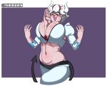  absurdres arm_between_breasts artist_name beelzebub_(helltaker) between_breasts bleach bleach:_sennen_kessen-hen blush breasts cleavage_cutout clothing_cutout commentary commission cosplay demon_girl demon_horns demon_tail english_commentary hair_between_eyes helltaker helltaker_(character) highres horns huge_breasts inoue_orihime inoue_orihime_(cosplay) navel parody pinkdrawin red_eyes scene_reference shirt simulated_paizuri skirt tail twitter_username white_hair white_shirt white_skirt 