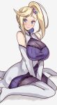  1girl absurdres arms_between_legs asymmetrical_hair ayannon_yumme bare_shoulders blonde_hair blue_eyes boots breasts cleavage cleavage_cutout clothing_cutout colored_eyelashes detached_sleeves dress english_commentary framed_breasts full_body hair_ornament heart heart_hair_ornament high_side_ponytail highres kneeling large_breasts light_blush long_hair looking_at_viewer minerva_(re:zero) pantyhose parted_bangs purple_pantyhose re:zero_kara_hajimeru_isekai_seikatsu side_ponytail sketch solo thigh_boots thighhighs white_background white_boots white_sleeves 