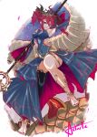  astartefrost barefoot black_thighhighs black_tiara breasts covered_navel drill_hair full_body holding holding_polearm holding_weapon kasane_teto looking_down medium_breasts on_creature outside_border polearm red_eyes red_hair red_nails teeth thighhighs tiara twin_drills utau watermark weapon 