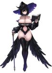  1girl absurdres bare_shoulders biya_(1024) black_boots black_choker black_eyes black_hair black_hat black_leotard book boots breasts choker closed_mouth clothing_cutout collarbone commentary_request full_body hat highres holding holding_book large_breasts large_hat leotard long_sleeves looking_at_viewer mole mole_under_mouth nail_polish navel off_shoulder original purple_nails simple_background solo standing stomach stomach_cutout thigh_boots thighs white_background witch_hat yoru_(biya_(1024)) 