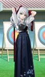  1girl bandaged_arm bandages blue_hakama breasts caren_hortensia caren_hortensia_(academy_outfit) commentary_request fate/grand_order fate_(series) game_asset hakama hakama_skirt japanese_clothes long_hair looking_at_viewer medium_breasts morii_shizuki muneate official_art partial_commentary red_ribbon ribbon shirt short_sleeves skirt solo third-party_source white_hair white_shirt yellow_eyes 