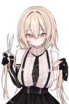  1girl absurdres alternate_hair_length_(shorter) alternate_hairstyle asymmetrical_gloves bare_shoulders black_gloves black_necktie black_skirt blonde_hair blush closed_mouth commentary cutting_hair cutting_own_hair elbow_gloves english_commentary eyelashes gloves hair_intakes hand_in_own_hair highres holding holding_detached_hair holding_own_hair holding_scissors miclipse necktie original scissors severed_hair shirt short_hair simple_background single_elbow_glove skirt solo sun_(miclipse) suspenders white_background white_shirt yellow_eyes 