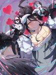  1girl absurdres ahoge albedo_(overlord) bare_shoulders black_feathers black_hair black_wings breasts cleavage clothing_cutout commentary demon_girl demon_horns dress feathered_wings feathers feet_out_of_frame gem gloves grabbing_own_hair hair_between_eyes hands_on_own_head hatanana_(ag6uptphhal3frd) heart highres hip_vent holding_own_hair horns jewelry large_breasts leaning_forward light_blush long_hair looking_at_viewer low_horns low_wings overlord_(maruyama) red_gem ring smile solo spider_web_necklace white_dress white_gloves white_horns wings yellow_eyes 
