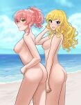 2girls absurdres ass beach blonde_hair blush breasts commentary_request completely_nude highres idolmaster idolmaster_cinderella_girls jougasaki_mika long_hair looking_at_viewer looking_to_the_side medium_breasts multiple_girls nipples nude nude_beach nudist ohtsuki_yui outdoors pink_hair ponytail raisu_rice sideways_glance smile 