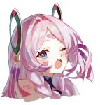  1girl :d ;d bare_shoulders blue_eyes braid citlali_(genshin_impact) clothing_cutout commentary cropped_shoulders facial_mark floating_headgear forehead_mark genshin_impact hair_intakes hair_ornament headgear highres keihochan long_hair looking_at_viewer multicolored_hair one_eye_closed open_mouth pink_hair pink_pupils ring_hair_ornament shoulder_cutout signature simple_background smile solo triangle triangle_facial_mark twin_braids white_background 