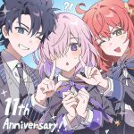  !? 1boy 2girls ahoge anniversary black_necktie blue_background blue_eyes blush bobi colored_sclera commentary_request fate/grand_order fate_(series) fujimaru_ritsuka_(female) fujimaru_ritsuka_(female)_(chaldea_academy_school_uniform) fujimaru_ritsuka_(male) fujimaru_ritsuka_(male)_(chaldea_academy_school_uniform) grin hair_ornament hair_over_one_eye hair_scrunchie highres index_finger_raised long_sleeves looking_at_viewer mash_kyrielight mash_kyrielight_(academy_outfit) multiple_girls necktie official_alternate_costume one_eye_closed one_eye_covered orange_hair pink_hair purple_eyes scrunchie short_hair side_ponytail simple_background smile sweatdrop yellow_sclera 