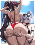  2girls arm_strap arms_up ass ass_worship bare_arms bare_shoulders black_hair blush breasts brown_eyes cinderella_(crystal_wave)_(nikke) cinderella_(nikke) day eyewear_on_head goddess_of_victory:_nikke grabbing_another's_ass groping hair_bun hair_over_one_eye hella_p huge_ass large_breasts long_hair looking_at_viewer marciana_(marine_study)_(nikke) marciana_(nikke) multiple_girls navel official_alternate_costume one_eye_covered outdoors parted_lips ponytail red_eyes red_slingshot_swimsuit red_visor_cap single_hair_bun slingshot_swimsuit smile stomach sunglasses sweat swimsuit thighs visor_cap white_hair 