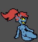 animal_humanoid anthro aquatic aquatic_humanoid athletic athletic_anthro blue_body blue_nipples blue_scales blue_skin breasts digital_media_(artwork) eyeliner female fin fish fish_humanoid hair humanoid looking_at_viewer lying makeup moronicpixels navel nipples nude on_side pixel_(artwork) ponytail pose posing_nude red_eyeliner red_hair scales sharp_eyes sharp_teeth simple_background slim small_waist smile solo teeth thick_thighs undertale undertale_(series) undine undyne wide_hips yellow_eyes yellow_teeth