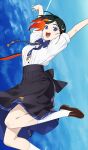  1girl arm_up black_hair black_skirt blush bow bowtie breasts brown_shoes commentary_request fate/grand_order fate_(series) game_asset hair_ornament jeunesse_crane_(academy_outfit)_(fate) jeunesse_crane_(fate) kneehighs loafers long_hair looking_at_viewer medium_breasts miss_crane_(fate) multicolored_hair official_art open_mouth partial_commentary purple_eyes red_hair shaka_p shirt shoes short_sleeves skirt smile socks solo thighs third-party_source two-tone_hair white_shirt white_socks 