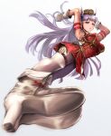  1girl animal_ears armband armpits arms_up blunt_bangs boots bow breasts brown_hat commentary_request dress dropkick ear_bow flying_kick gloves gold_ship_(red_strife)_(umamusume) gold_ship_(umamusume) grey_hair hat highres horse_ears horse_girl horse_tail kicking large_breasts long_hair pantyhose parted_lips pillbox_hat purple_eyes red_dress sleeveless sleeveless_dress solo striped_armband striped_clothes tail umamusume white_boots white_gloves white_pantyhose yuttarou_029 