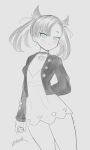  1girl aqua_eyes arm_behind_back asymmetrical_bangs blush choker closed_mouth collarbone commentary cowboy_shot dress english_commentary eyelashes grey_background holding holding_poke_ball jacket long_hair long_sleeves marnie_(pokemon) open_clothes open_jacket poke_ball pokemon pokemon_sword_and_shield signature simple_background sketch solo spot_color twintails zetarok 