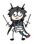  1girl :3 absurdres arknights arknights:_endfield artist_name black_hair chen_qianyu_(arknights) child's_drawing commentary dokmin dragon_girl dragon_horns dragon_tail dual_wielding eastern_dragon_horns eastern_dragon_tail english_commentary highres holding holding_sword holding_weapon horns jacket long_hair open_clothes open_jacket parody si's_drawing_of_ardashir simple_background solo style_parody sword tail wall-eyed weapon white_background 