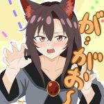  1girl animal_ear_fluff animal_ears artist_name blush brooch brown_hair claw_pose collarbone commentary_request dot_nose dress gem grey_dress hair_between_eyes hands_up highres imaizumi_kagerou jewelry long_hair long_sleeves looking_at_viewer naomi-chan open_mouth outline red_eyes red_gem sidelocks simple_background solo touhou translation_request upper_body white_outline wolf_ears wolf_girl yellow_background 
