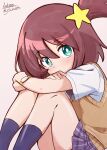  1girl absurdres blush brown_hair dated green_eyes hair_between_eyes hair_ornament highres knees_up looking_at_viewer luluco one_side_up plaid_clothes plaid_skirt pleated_skirt purple_skirt school_uniform shirt short_hair short_sleeves simple_background sitting skirt socks solo star_(symbol) star_hair_ornament sukato_(sukato_) sweater_vest uchuu_patrol_luluco watch white_shirt wristwatch 