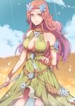  1girl bare_shoulders breasts circlet cleavage_cutout clothing_cutout commentary dress final_fantasy final_fantasy_xiv green_dress green_eyes hair_ornament holding large_breasts leaf_hair_ornament long_hair mal_(mal7) nophica orange_hair sleeveless sleeveless_dress smile solo 