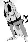  1girl absurdres all_fours bikini bikini_under_clothes blue_archive blush breasts choker commentary demon_horns dress earclip greyscale hair_between_eyes halo highres horns kayoko_(blue_archive) kayoko_(tsutaya)_(blue_archive) long_hair looking_at_viewer lowleg lowleg_bikini mole mole_on_neck monochrome multicolored_hair navel off-shoulder_dress off_shoulder official_alternate_costume see-through_clothes see-through_dress see-through_shirt shirt showtime775 side-tie_bikini_bottom single_wing small_breasts smile solo stomach strapless strapless_dress swimsuit two-tone_hair white_background wings 