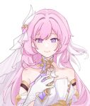  1girl 1qi89 bare_shoulders breasts chinese_commentary commentary_request corset diamond-shaped_pupils diamond_(shape) elf elysia_(herrscher_of_human:_ego)_(honkai_impact) elysia_(honkai_impact) gloves highres honkai_(series) honkai_impact_3rd large_breasts long_hair looking_at_viewer multicolored_hair pink_hair pointy_ears purple_eyes simple_background smile solo symbol-shaped_pupils two-tone_hair upper_body veil very_long_hair white_background white_corset white_gloves white_hair white_veil 