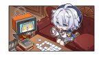  1boy ahoge akuryo.x black_gloves black_hat blue_eyes book chibi commentary couch edgar_(nte) english_commentary fingerless_gloves gloves grey_hair hat highres jigsaw_puzzle neverness_to_everness on_couch puzzle shadow sitting table taygedo_(nte) 