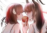  2girls absurdres apple asakura_karen_(heaven_burns_red) black_nightgown brown_hair commentary demon_horns dual_persona food from_side fruit glowing heaven_burns_red highres holding holding_food holding_fruit horns kr_woyue long_hair multiple_girls nightgown open_mouth tail untranslatable_commentary upper_body yellow_eyes 